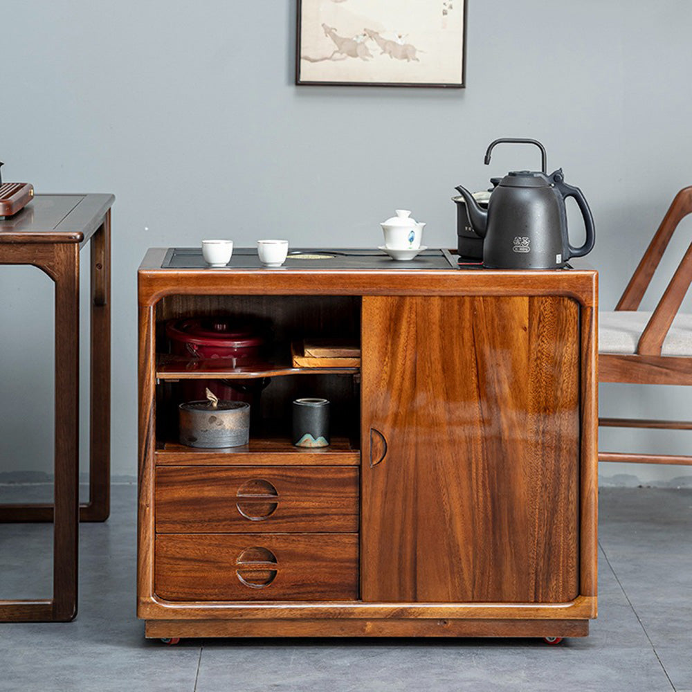 360° view of the movable tea table showcasing its wheels and stylish design in a living room setting.