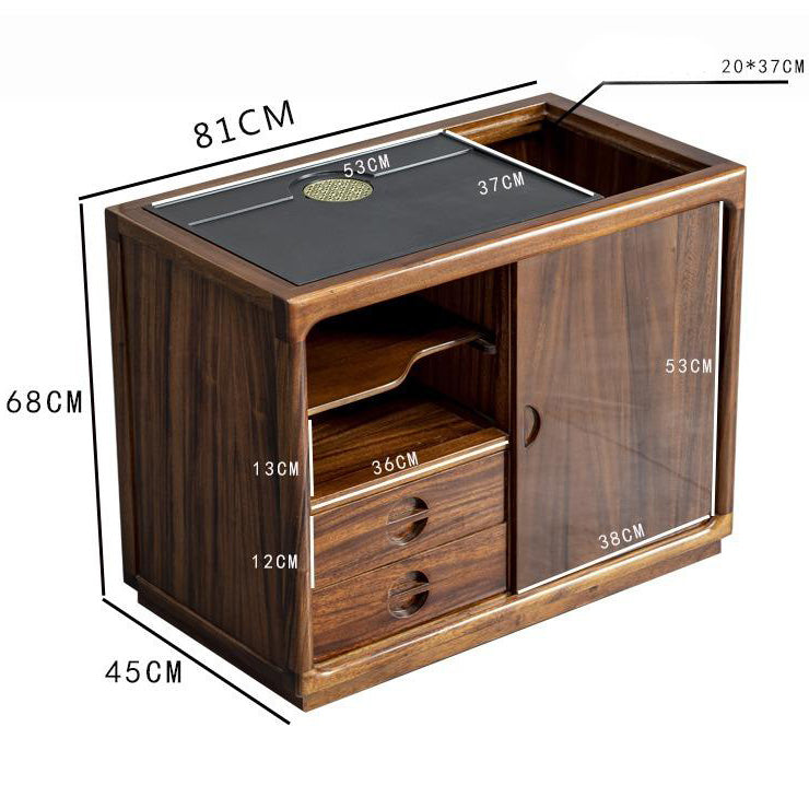 Elegant walnut movable tea table with black stone tray and open shelves, perfect for tea brewing.
