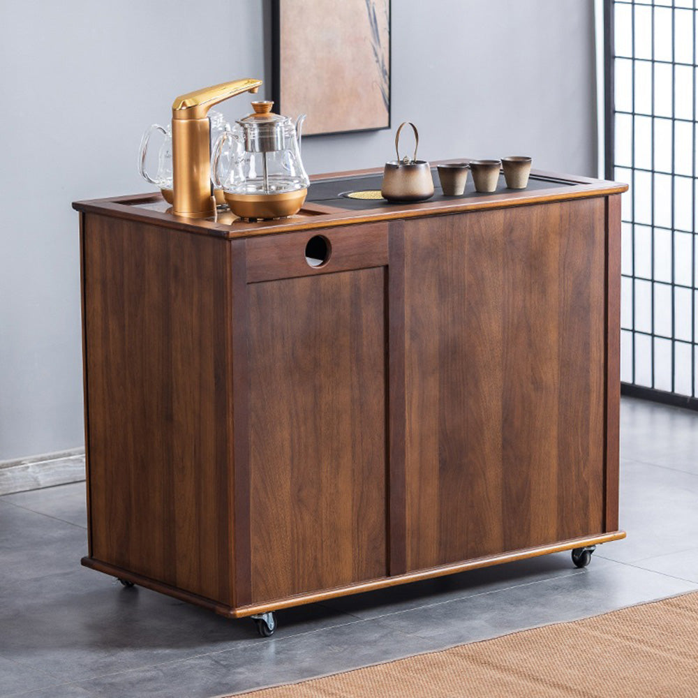 Tea table with sliding door, storage shelves, and drainage system for easy cleaning