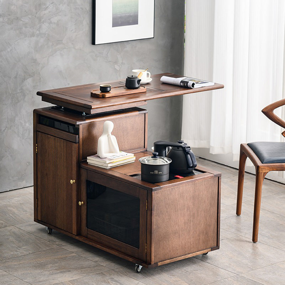 Close-up of the rotatable walnut tea table showcasing its smooth surface and hidden storage.