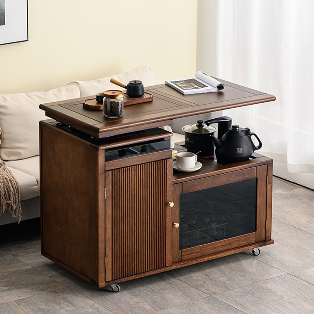 Elegant walnut wood tea table with automatic water pump in a cozy living room setting.
