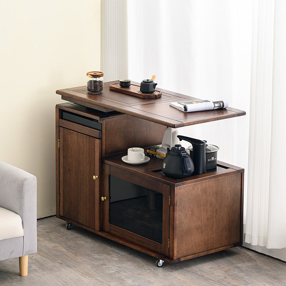 Tea table with smooth, rounded corners and lockable wheels for easy movement.