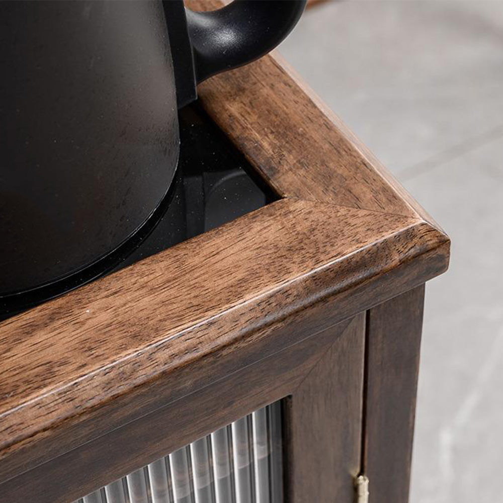 Premium walnut tea table showcasing the smart induction cooker slot and storage features.