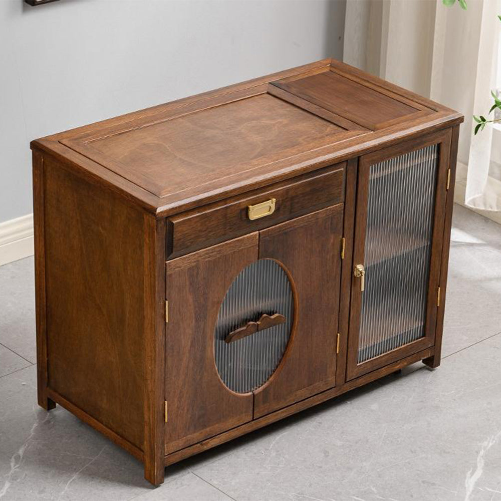 Premium walnut tea table showcasing the smart induction cooker slot and storage features.