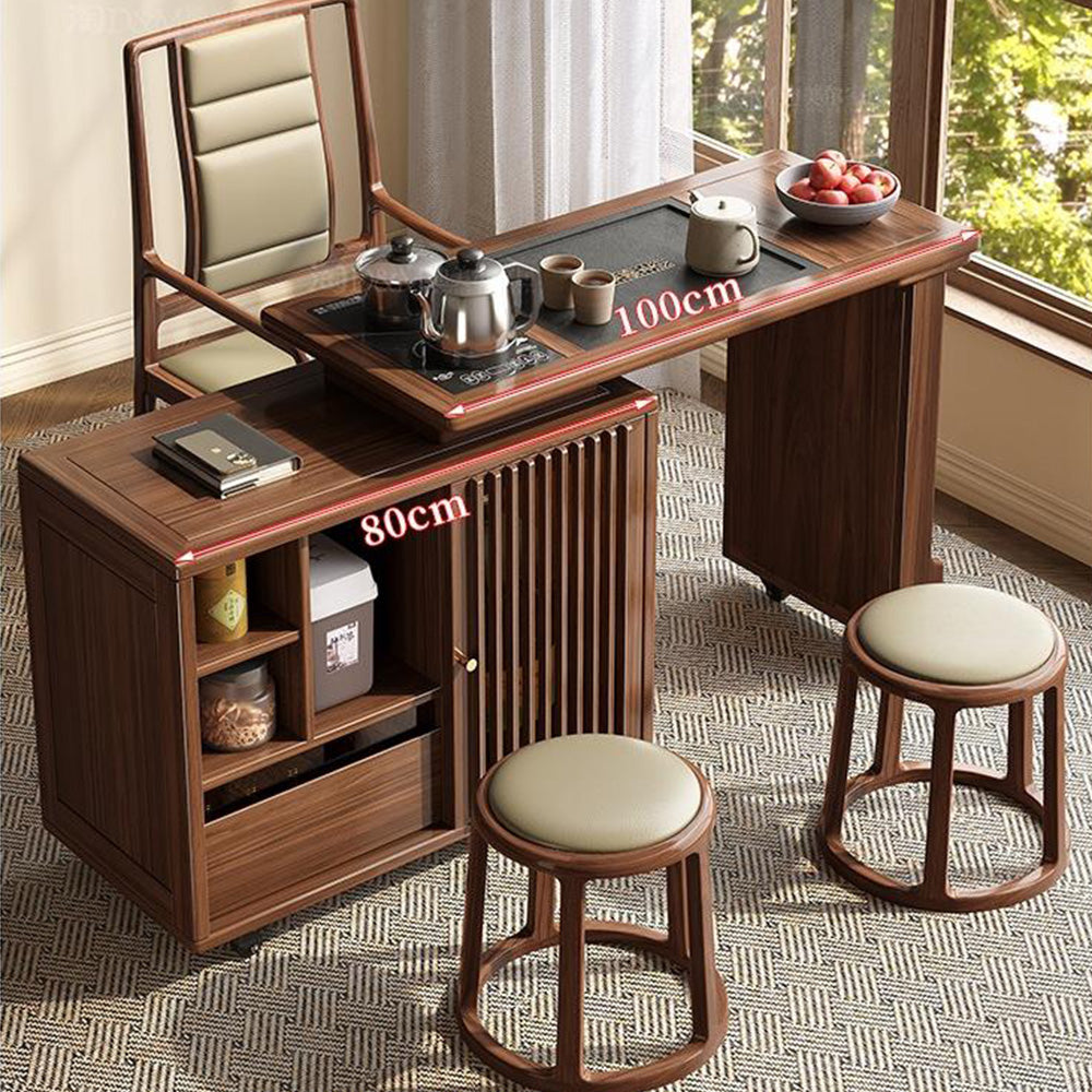 Close-up of the modern tea table with storage and wheels showcasing its detailed craftsmanship.
