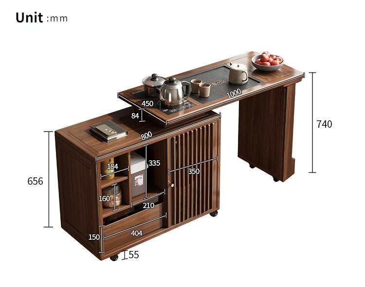 Smart extendable walnut tea table with induction cooker and elegant design from various angles.