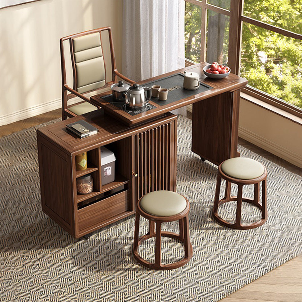Smart extendable walnut tea table with induction cooker and elegant design from various angles.