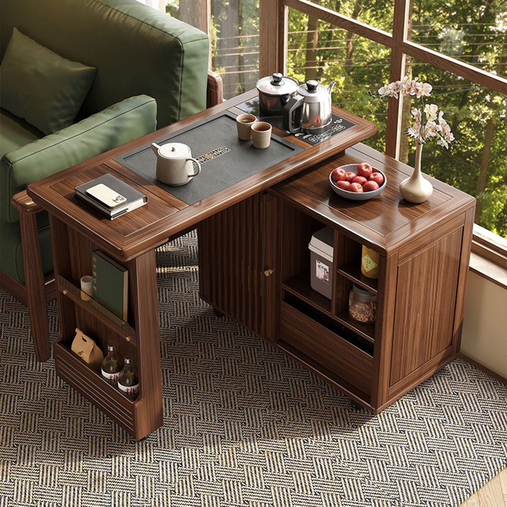 Walnut tea table with built-in heating, perfectly placed in a stylish living room.