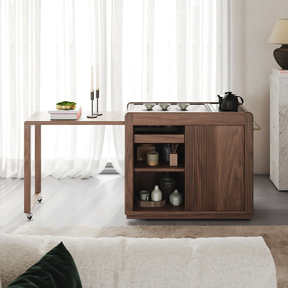 Extended walnut tea table with storage in a cozy living room
