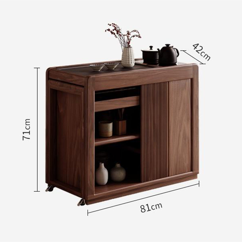 Extended walnut tea table with storage in a cozy living room