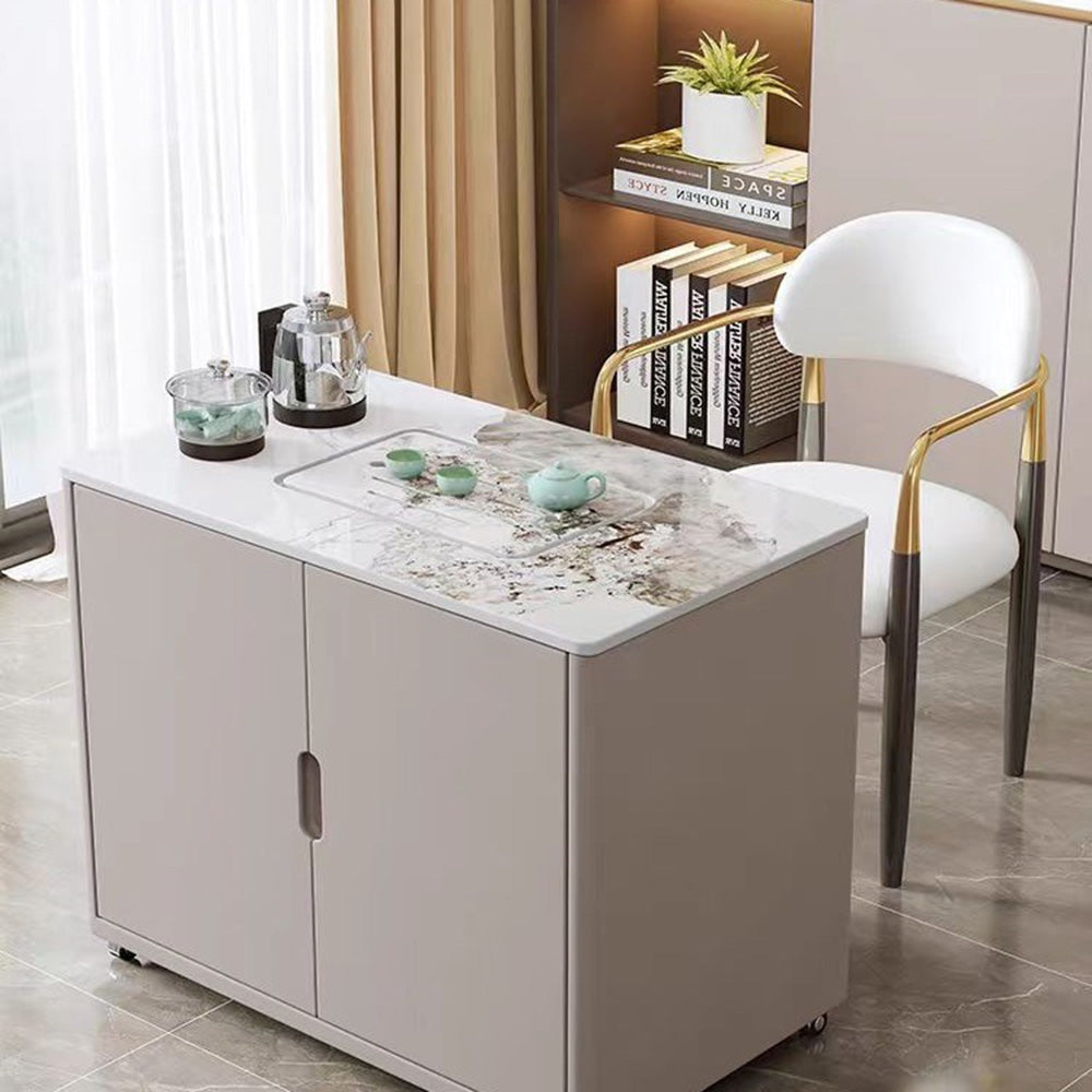 Front view of the elegant white rock slab movable tea table showcasing its modern design.