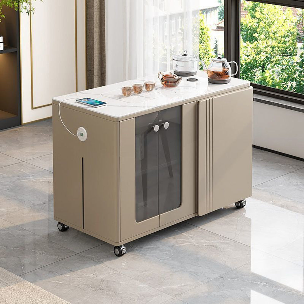Front view of the SlateFusion movable tea table showing smart kettle and glass cabinet