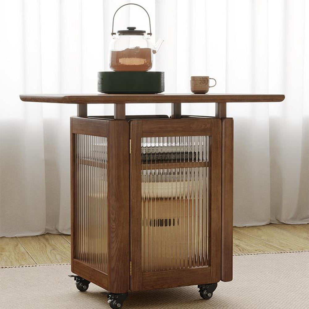 Elegant ash wood movable tea table with storage and wheels, ideal for living room use