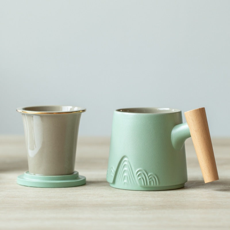 Japanese tea being poured into ceramic cup with wooden handle for a refined tea experience