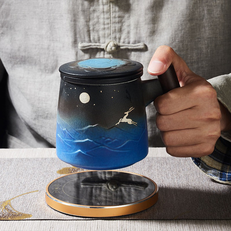 Japanese tea mug displayed on a wooden table, filled with steaming tea, perfect for relaxation.