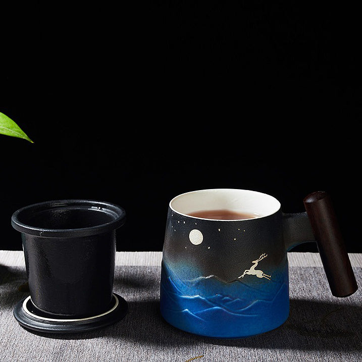 Close-up of Japanese Sky & Deer ceramic tea mug showcasing intricate details and unique design.