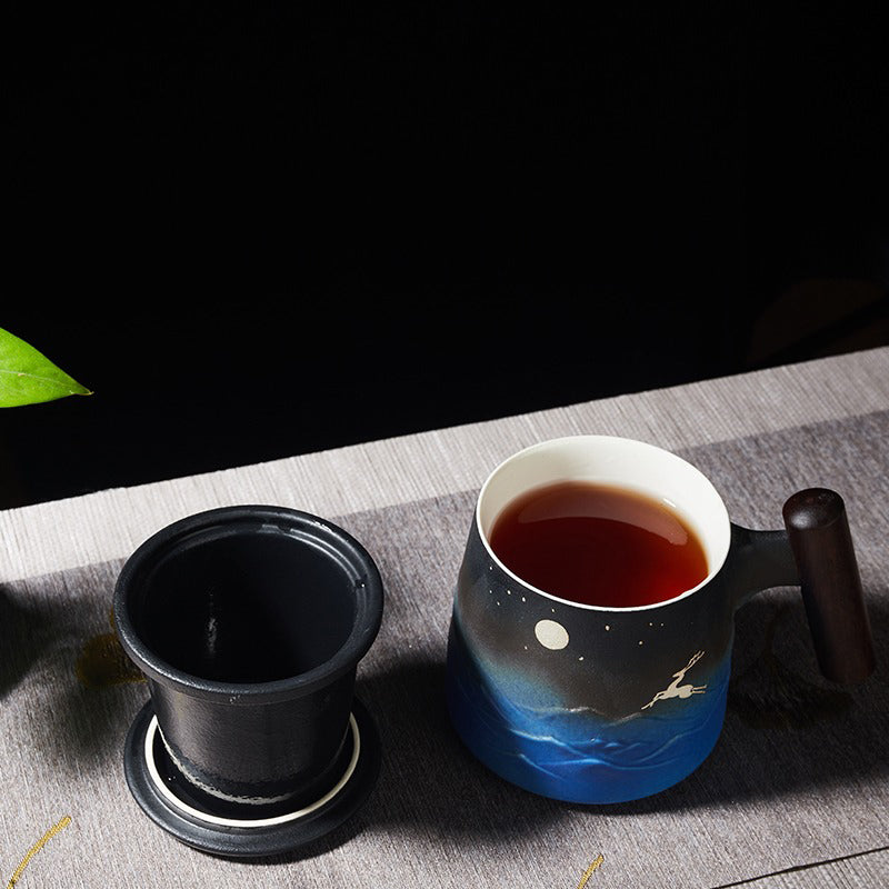 Japanese tea mug displayed on a wooden table, filled with steaming tea, perfect for relaxation.