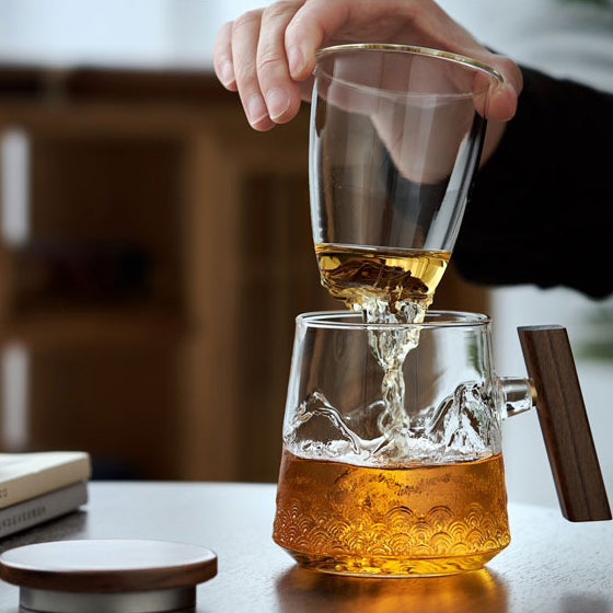 Close-up of high-quality glass tea mug showcasing brewing tea