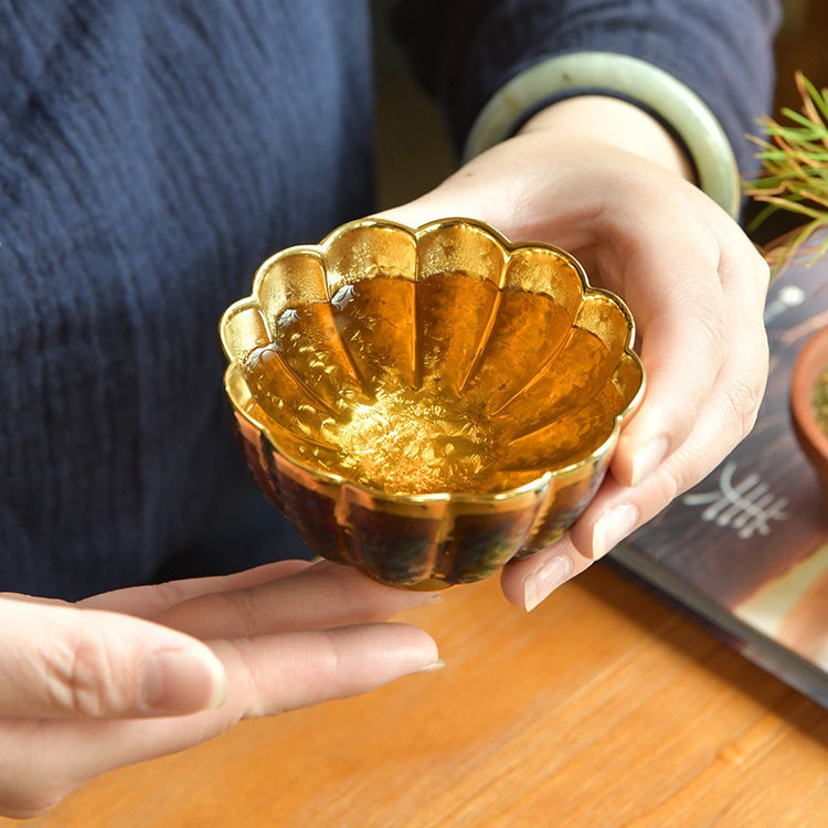 Close-up of the Elegant Gold Jian Zhan Tian Mu Gongfu Tea Cup, showcasing its intricate design and sterling silver lining.
