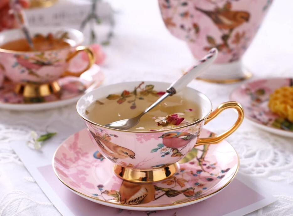 Elegant pink birds vintage bone china tea set for afternoon tea