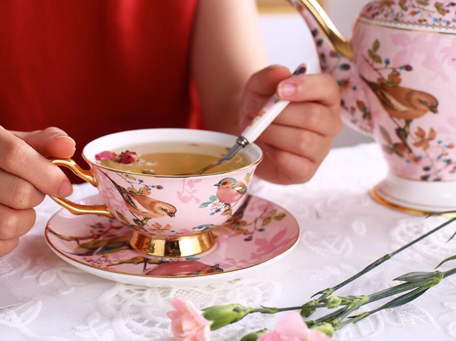 Close-up of the delicate patterns on the collectible vintage tea set