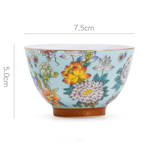 Set of cheap ceramic tea cups set arranged elegantly for tea service.