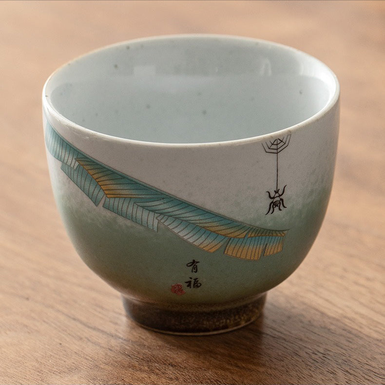Set of 5 ceramic tea cups arranged on a wooden tray, perfect for tea ceremonies