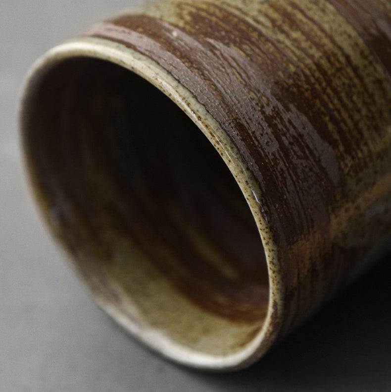 Side view of the premium vintage mug with wooden handle, highlighting its elegant design.