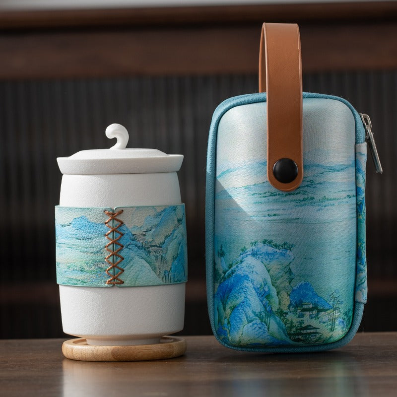 Close-up of the portable tea maker with a removable strainer and stylish design