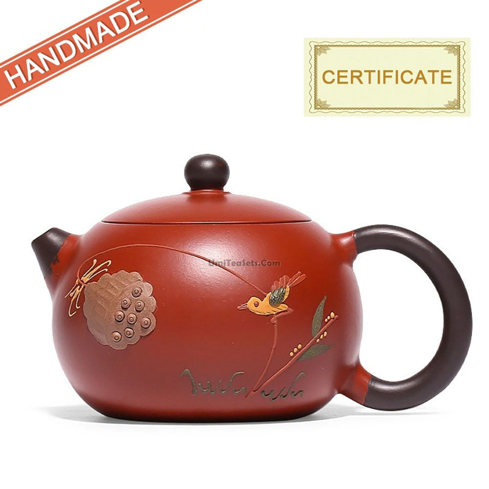 Yixing Red Clay Xi Shi Lotus Teapot from the side, highlighting its smooth finish and craftsmanship.