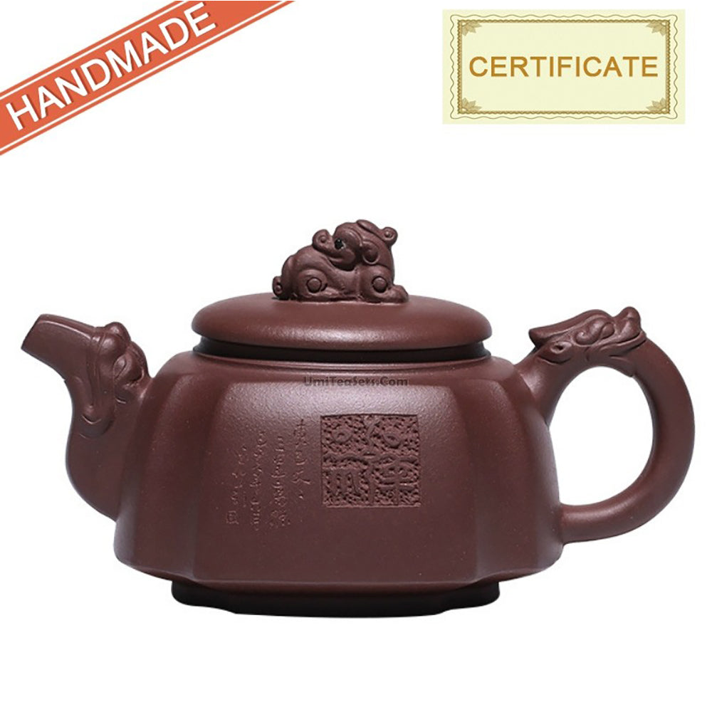 Elegant Yixing purple clay teapot showcasing its intricate dragon design and smooth finish.