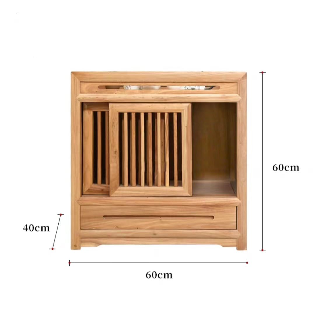 Front angle of the large wooden display cabinet in a living room setting