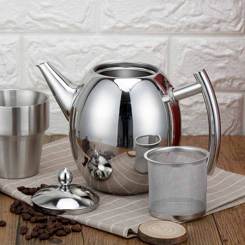 Top view of the durable stainless steel teapot, highlighting the comfortable center-hollow handle and filter.