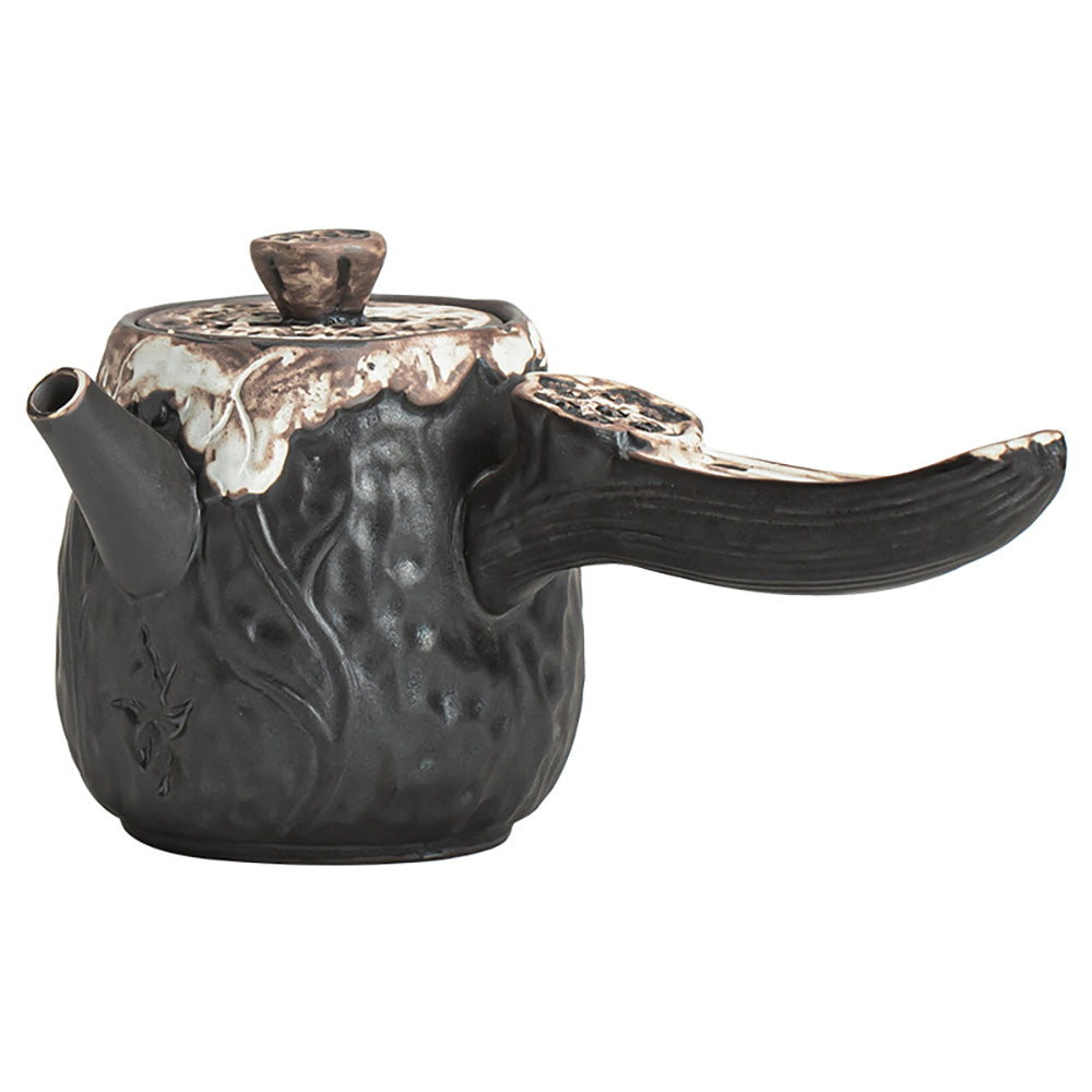 Elegant Wabi-Sabi Lotus Teapot with side handle, showcasing intricate craftsmanship from a top view.