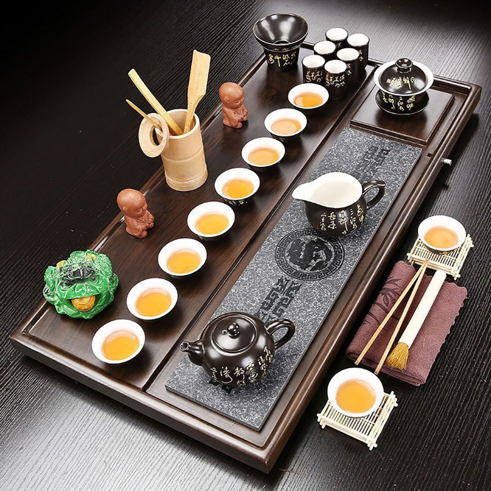 Elegant Black Tang Poetry Kung Fu Tea Set with calligraphy and tea tray
