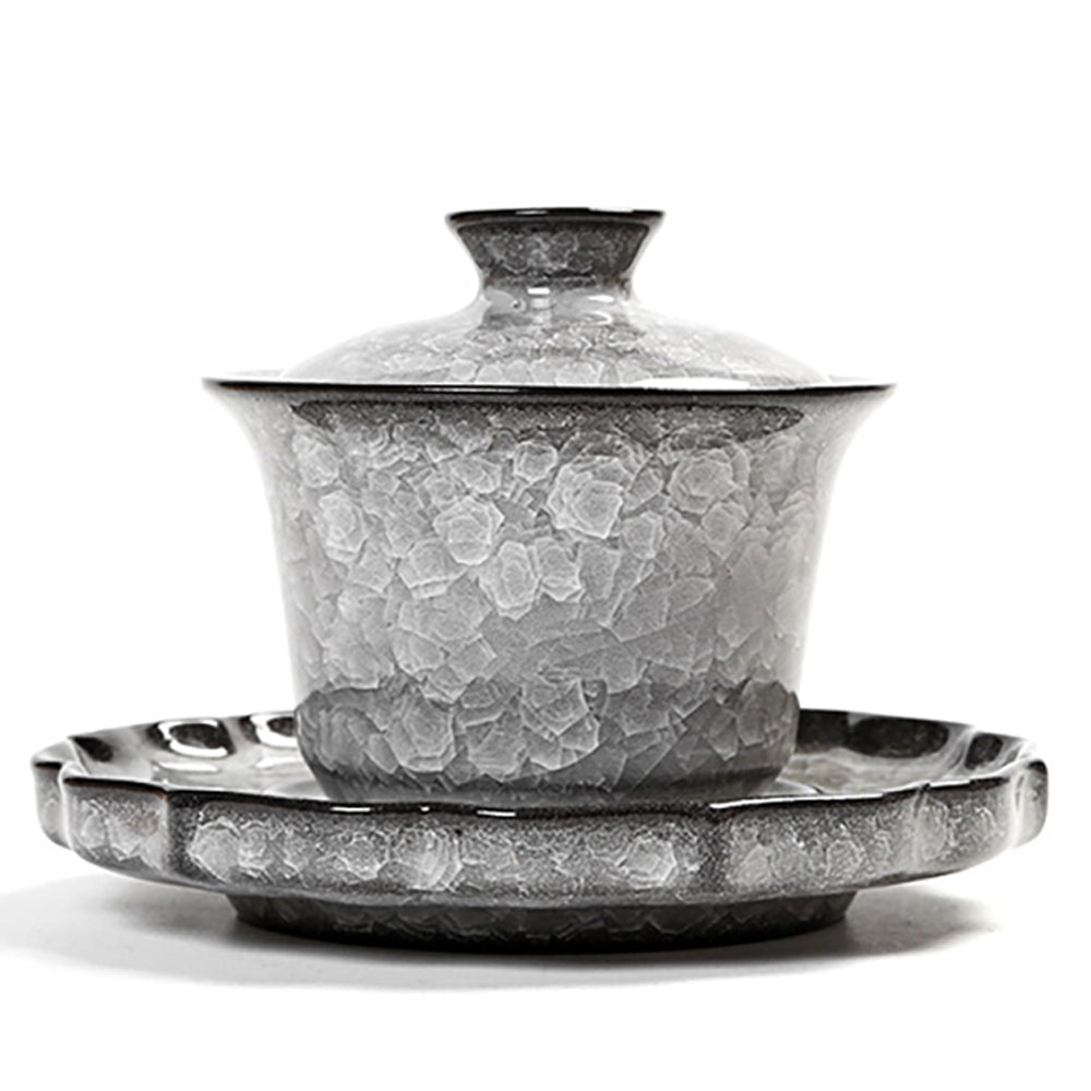 Close-up of the ice flower glaze crackle pattern on a handmade gaiwan