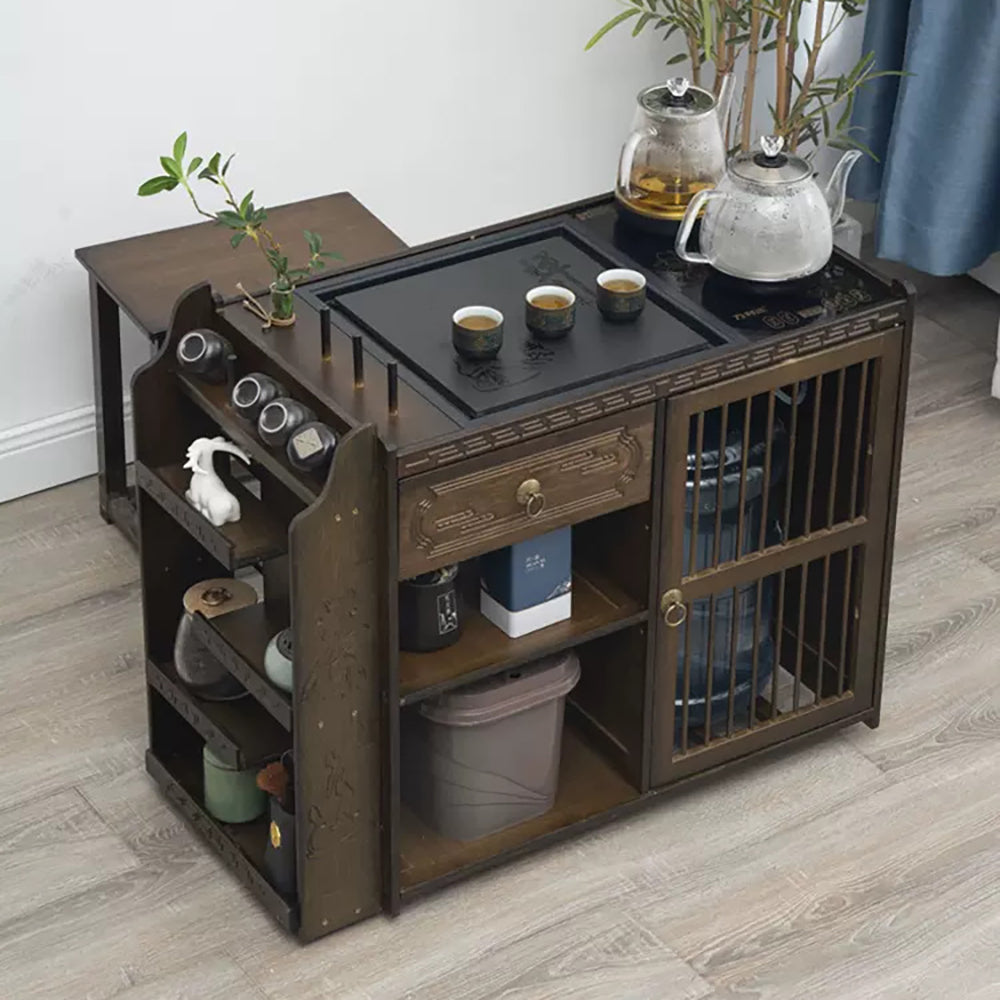 Front view of the luxury tea cart with storage, showcasing its elegant design.