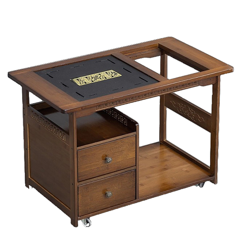Close-up of bamboo tea table with waterproof tray and Chinese-style patterns