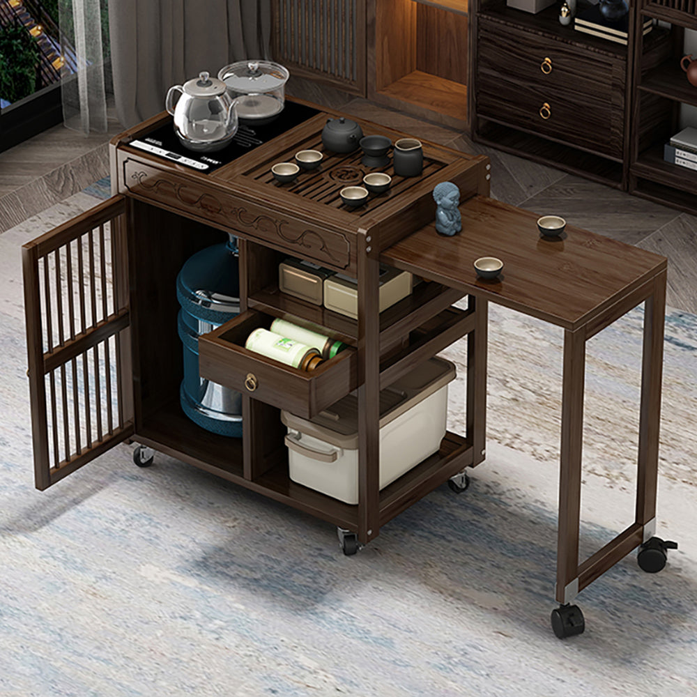 Elegant extendable nanmu wood tea cart showcasing beautiful textures from different angles.