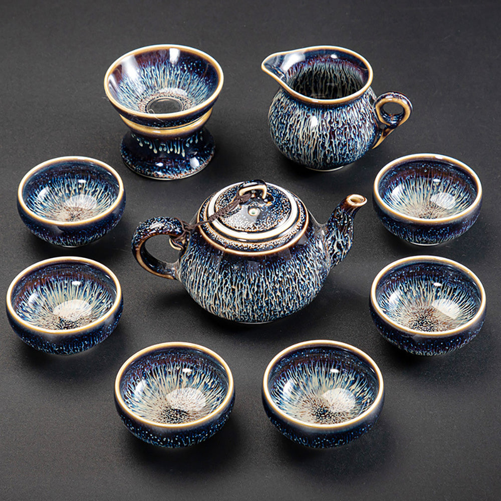 Close-up of Tianmu glaze patterns on a ceramic tea set