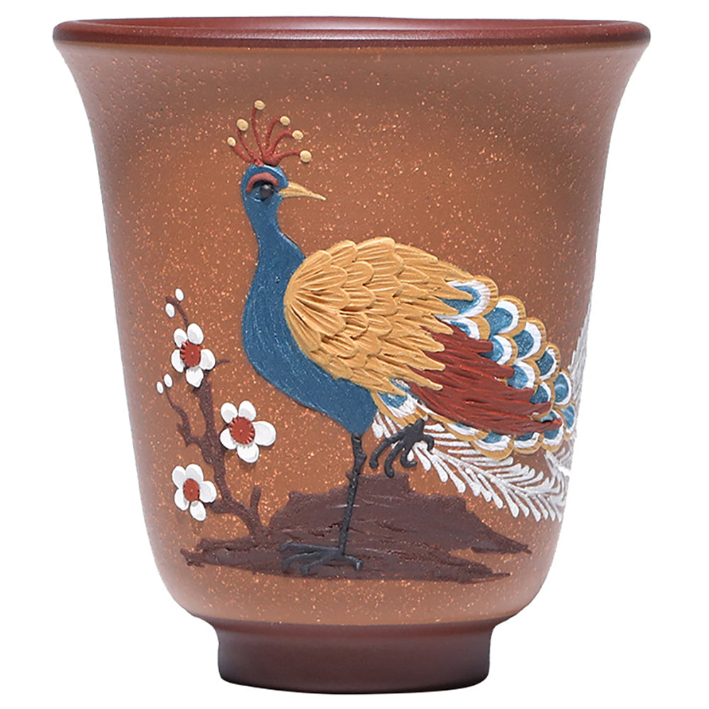 Close-up of the Elegant Peacock Design Purple Clay Tea Cup showcasing the intricate details.