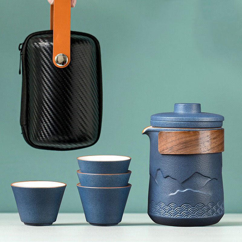 Compact Ceramic Travel Tea Set with Nested Design and Carrying Case