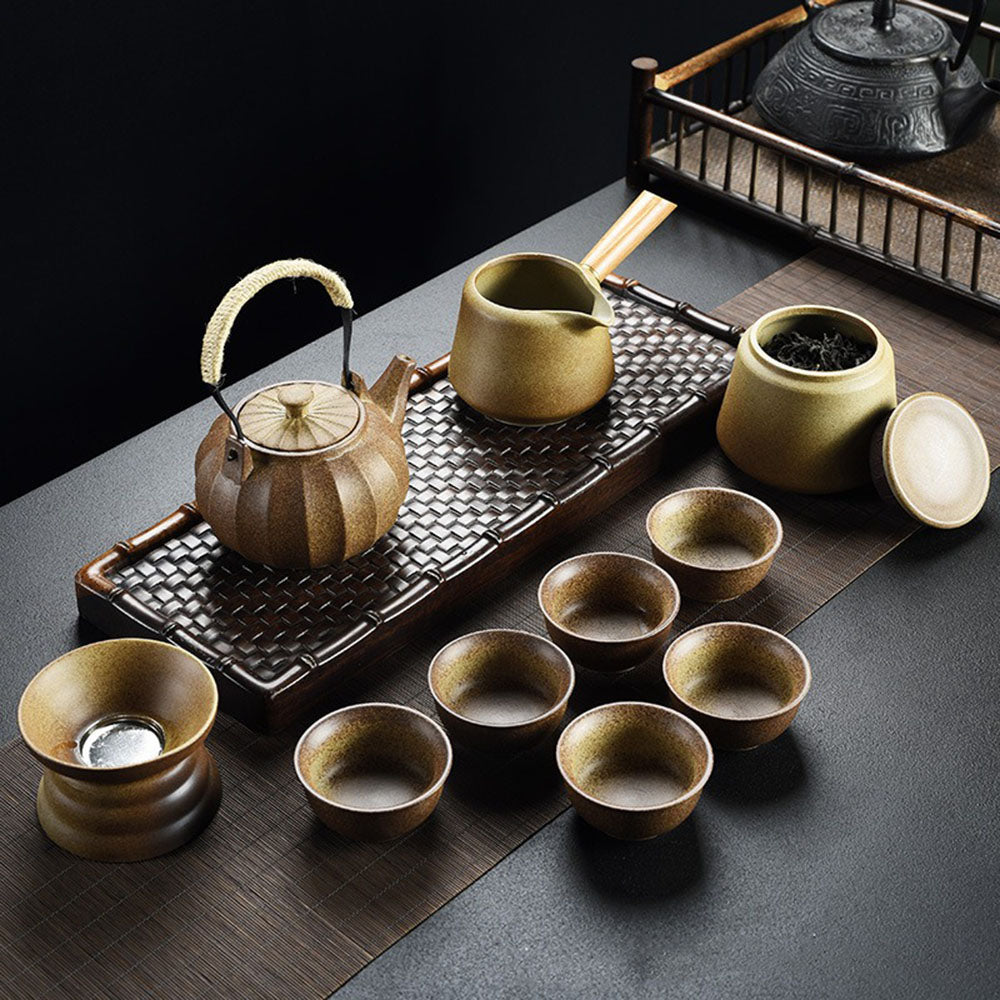 Close-up of Japanese vintage coarse pottery teapot with traditional design