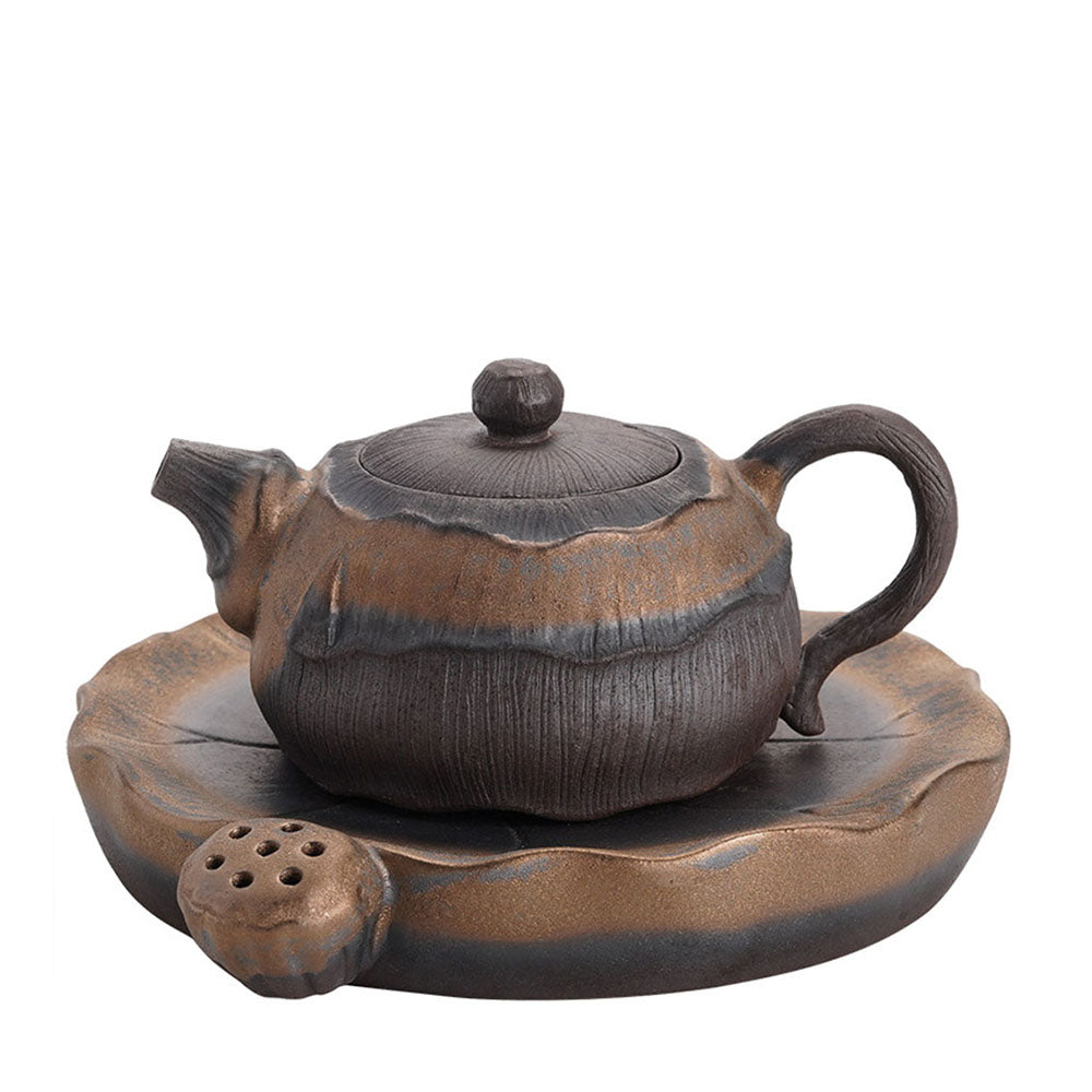 Close-up of Japanese lotus teapot with detailed lotus petal texture