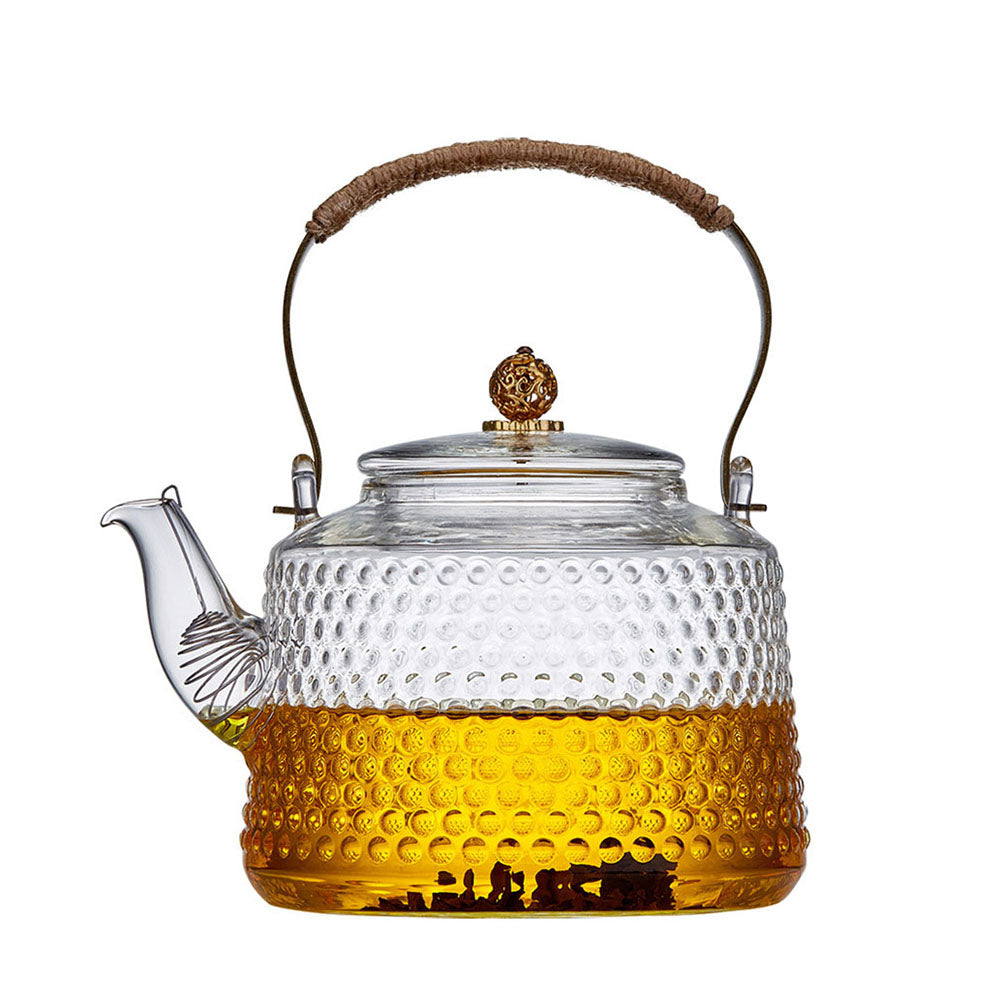 Rivet-Style Glass Teapot from a side angle showing the capacity and craftsmanship.