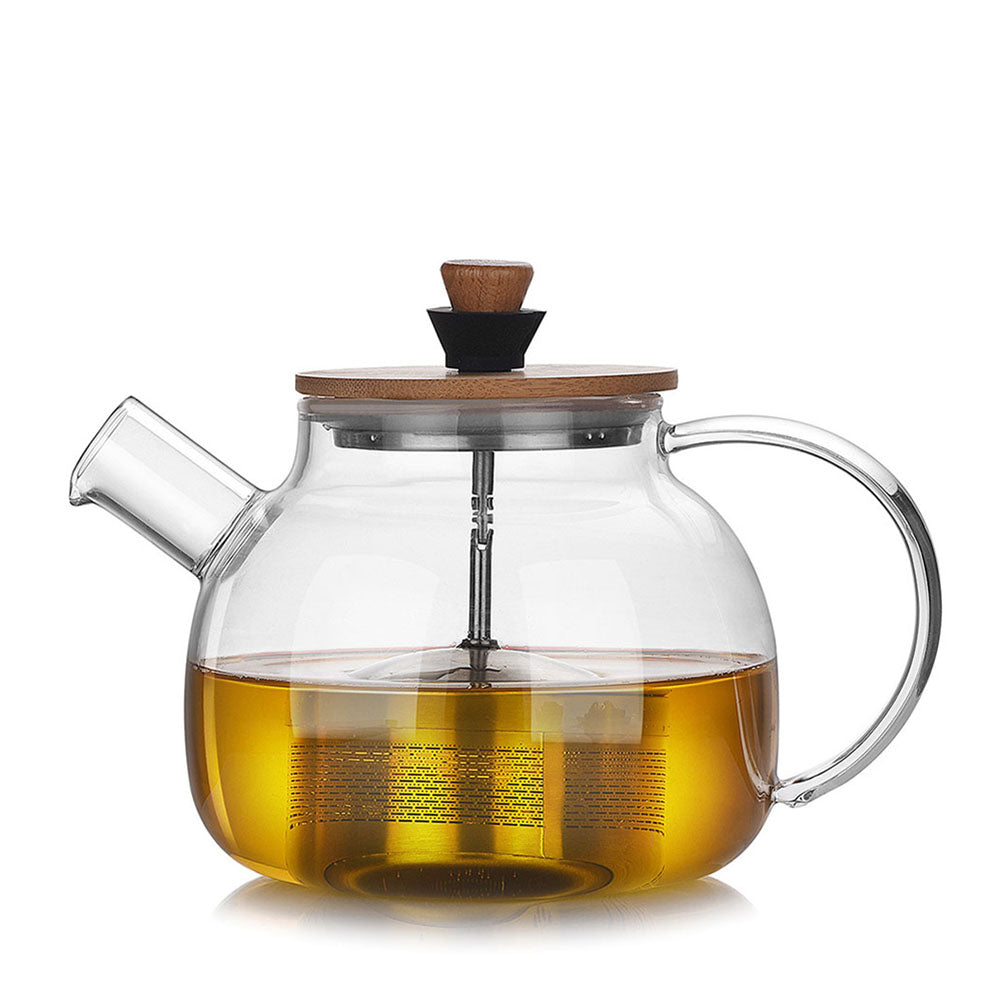 Elegant borosilicate glass teapot with stainless steel infuser, showcasing the sturdy handle and refined spout.