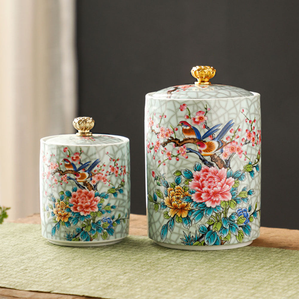 Close-up of Magpie Peach Blossom enamel porcelain tea caddy showing intricate design