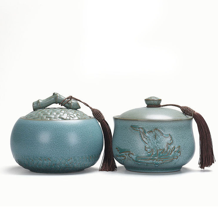 A close-up view of the ceramic blue pottery tea caddy, showcasing its unique texture and color.
