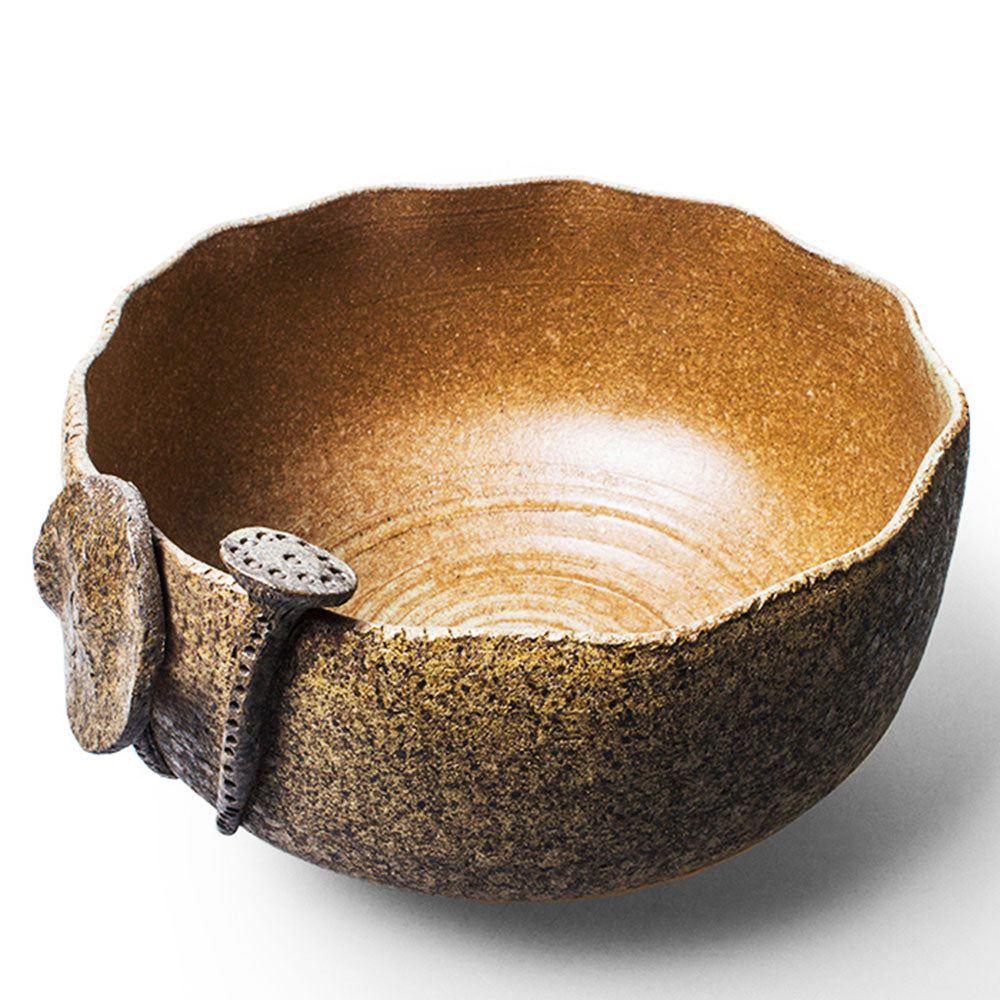 Artisan Coarse Pottery Lotus Tea Washer from the side with tea cups inside