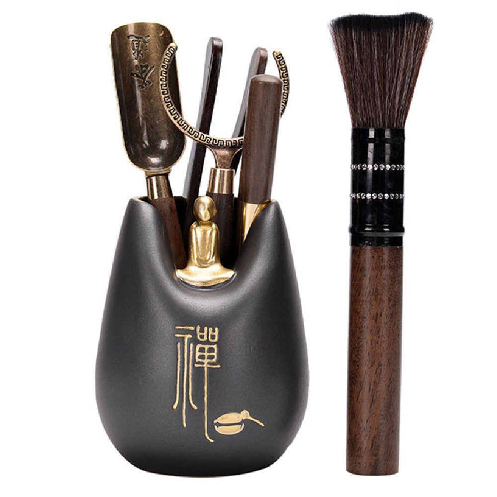 Ebony tea utensils set showcasing the monk holder and essential tools for Gongfu tea ceremony.